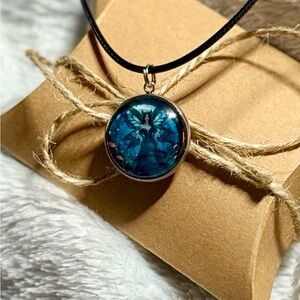 Blue Enchanted Fairy Necklace • 20mm Pendant on Black Cord • Gift Ready